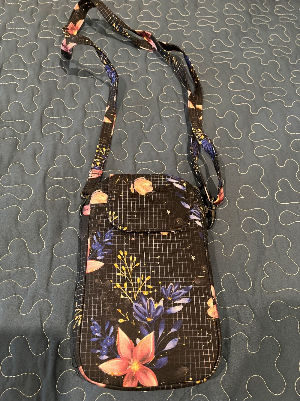 Floral Crossbody Phone Pouch - Black with Pink & Blue Flowers